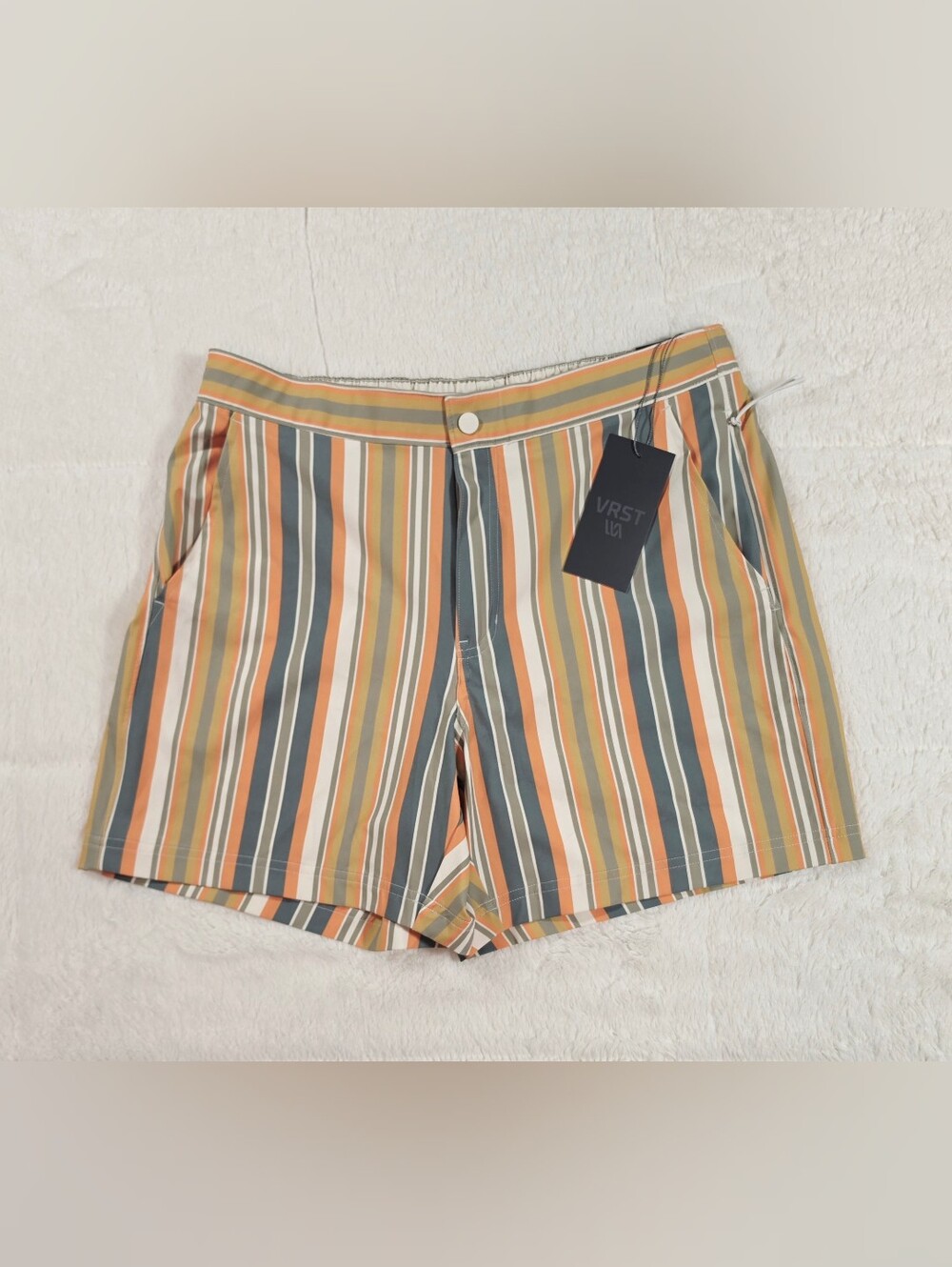 VRST Striped Flat-Front Men’s Shorts in Green, Orange & Cream
